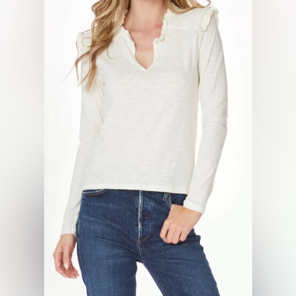 Bobi Cream Long Sleeve Smocked Yoke Ruffle Top - NWT - Size L